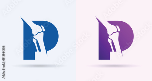    Letter P knee joint orthopedic monogram logo medical bone clinic physiotherapy health icon
