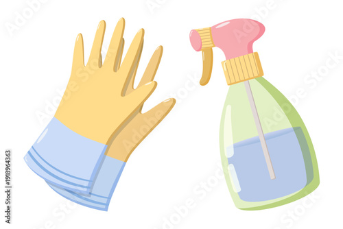 Cartoon illustration of yellow rubber cleaning gloves with blue cuffs and spray bottle with pink nozzle, yellow trigger, and blue liquid, symbolizing hygiene and household chores
