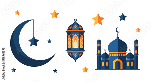 Celebrating Ramadhan with mosque, lantern, and crescent moon under starry night sky vector illustration
