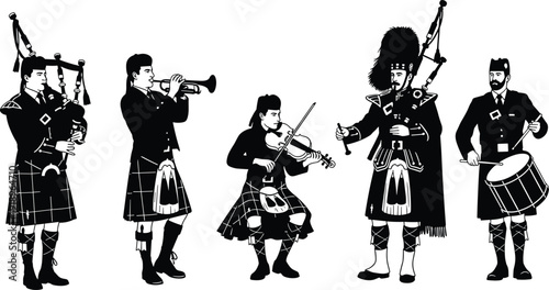 Scottish bagpiper and traditional musicians silhouettes isolated on white background folk music vector illustration set