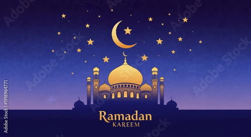 Ramadan celebration illustration featuring mosque, crescent moon, stars, and festive atmosphere