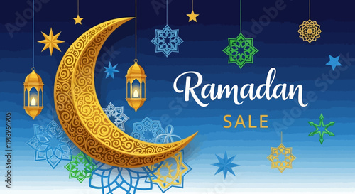 Celebrating Ramadan with golden crescent moon and festive stars in an elegant illustration