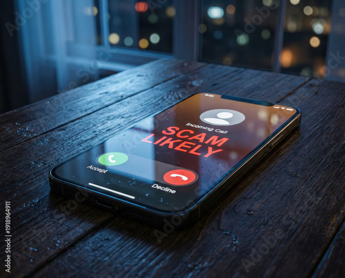 Mobile Phone on Dark Wood Surface Showing Scam Likely Warning Screen with Accept and Decline Buttons
