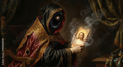 Oil Painting Style Illustration of a Cloaked Figure with a Single Eye Holding a Smartphone Showing a Saint