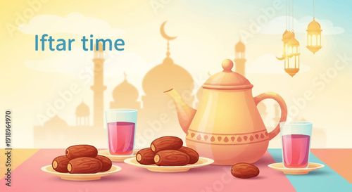 Celebrating Ramadhan with traditional iftar meal and drinks on a colorful table, vector illustration
