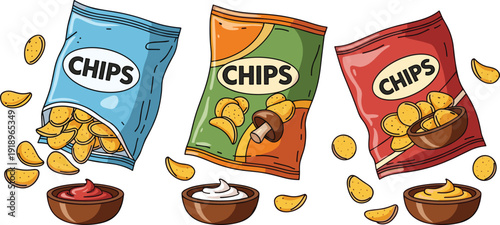 Cartoon potato chip bags illustration. Colorful snack packs with dipping sauces and falling chips. Cute flat food design isolated on white background.