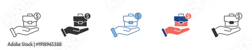 Hand presenting business briefcase with financial symbol in vector icons, representing investment, funding, donation, and professional asset management
