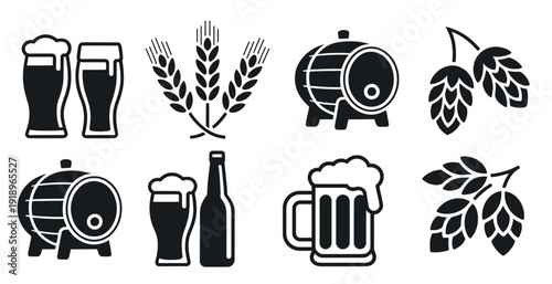 collection of beer icons mug bottle glasses wheat hops