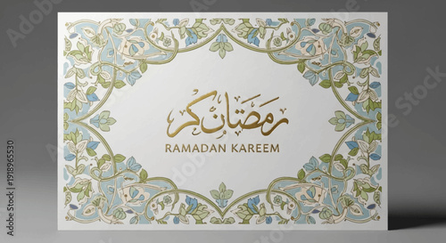 Elegant Ramadan greeting card with floral patterns and arabic calligraphy, viewed from the front.