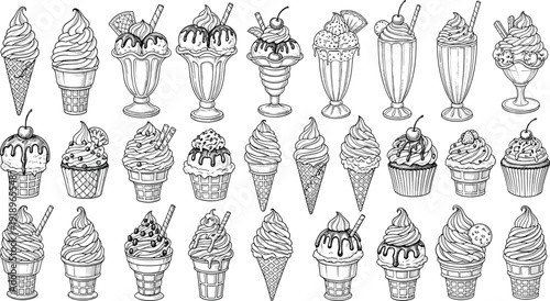 Ice cream dessert line art mega set. Twenty five detailed milkshakes, cones and cupcakes in vintage sketch style. Black and white sweet illustration isolated on white background.