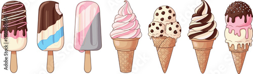 Cute ice cream treats illustration set. Chocolate dipped bars and swirled cones in playful cartoon style. Colorful dessert collection isolated on white background.