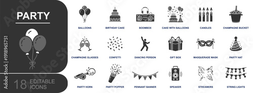 Party icon set. Containing balloons, birthday cake, champagne bucket, glasses, confetti, gift box, party hat, mask, string lights, speaker, dancing and more. Solid vector icons collection.