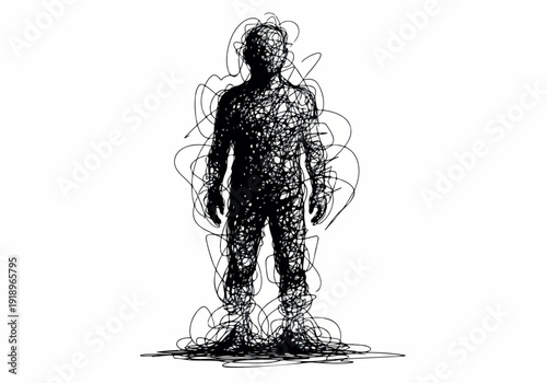Abstract Silhouette of a Person Formed by Chaotic Scribble Lines, Representing Mental Chaos or Inner Turmoil
