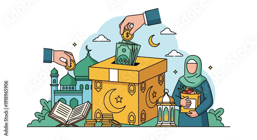 Scene of charity giving during Ramadhan, illustration of people donating to a decorated box, Islamic architecture in the background, vector art