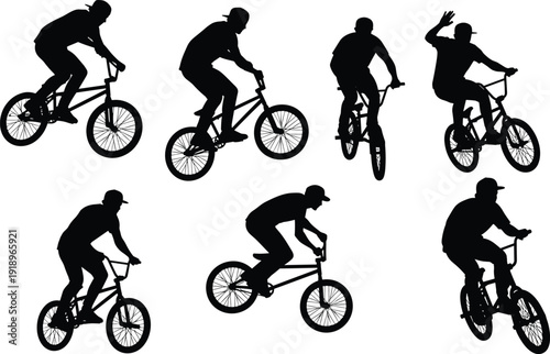 BMX rider silhouettes performing tricks isolated on white background extreme sport cycling vector illustration set
