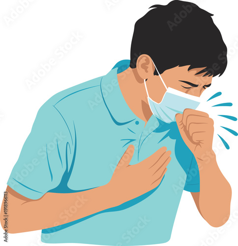 Sick, man, coughing, wearing, medical, mask, respiratory, illness, flu, cold, symptoms, healthcare, 