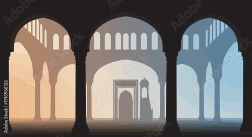 An illustration of three arches with cultural significance, depicting a serene scene with archways, domes, and minarets, set against a gradient background, viewed from the front