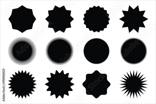 Large Set of Black Starburst and Sunburst Seal Icons Vector Shapes for Sale Badges Marketing Stickers Price Tags and Promotional Offer Graphics.
