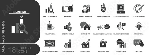 Branding icon set. Containing brand strategy, brand manager, color palette, certificate, marketing metrics, megaphone, sales chart, shopping bag and more. Solid fill vector icons collection.