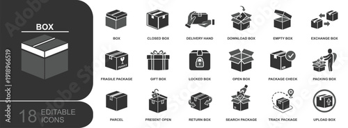 Box and package icon set. Containing parcel, open box, closed box, fragile, gift box, delivery, return, exchange, tracking, upload, download and more. Solid vector icons collection.