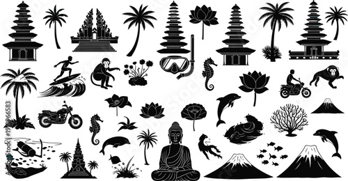 Indonesia travel landmarks and culture silhouettes collection isolated on white background tourism vector illustration set