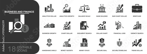 Business and finance icon set. Containing analytics, charts, growth, bank, briefcase, balance scale, money stack, secure deal, financial loss and more. Solid fill vector icons collection.