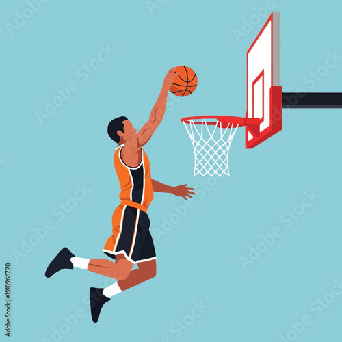 Dynamic basketball player soaring for slam dunk against blue background