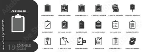 Clipboard icon set. Containing blank, checklist, checkbox, chart, document, edit, growth, notes, tasks, search, share, save, download, verified and more. Solid fill vector icons collection.