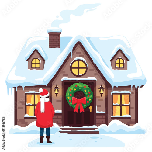 Charming snowy house with wreath welcomes visitors for Christmas cheer