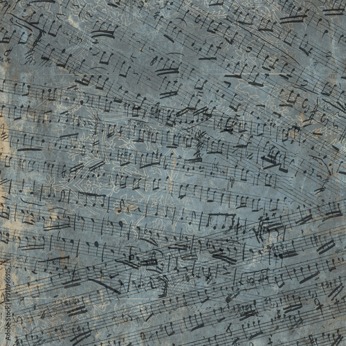 Vintage Musical Notes Background with Antique Sheet Music Texture, Aged Paper, Distressed Grunge Overlay, Classical Manuscript Pattern, Retro Music Score Design for Posters, Album Covers and Creative 