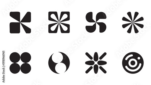 Diverse Collection of Solid Black Abstract Geometric and Radial Symmetric Vector Icons for Modern Logos, Branding, and Creative Design Projects