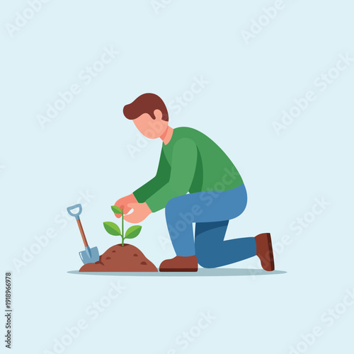 Man planting seedling in garden, cultivating growth, green initiative