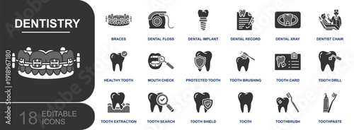 Dentistry icon set. Containing braces, dental floss, implant, record, xray, dentist chair, mouth check, tooth brushing, drill, extraction and more. Solid fill vector icons collection.