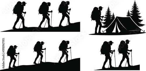 Hiking backpacker silhouettes with trekking poles and camping tent isolated on white background outdoor adventure vector illustration set