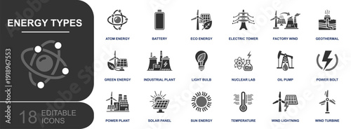 Energy types icon set. Containing nuclear, battery, solar panel, wind turbine, geothermal, power plant, electric tower, oil pump, green energy and more. Solid fill vector icons collection.