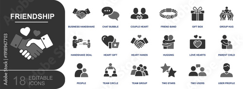 Friendship icon set. Containing handshake, chat bubble, couple heart, friend band, gift box, group hug, heart hands, love hearts, team circle and more. Solid fill vector icons collection.