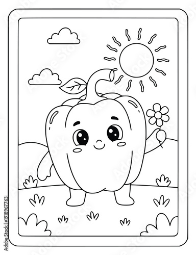 Vegetable coloring page with a cute bell pepper character in a sunny garden