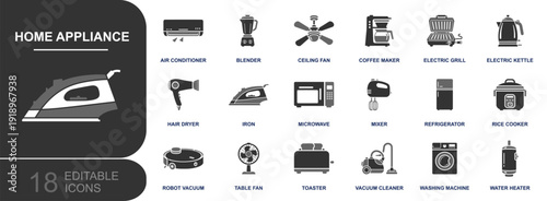 Home appliance icon set. Containing air conditioner, blender, fan, coffee maker, microwave, refrigerator, rice cooker, vacuum cleaner, washer, toaster and more. Solid fill vector icons.