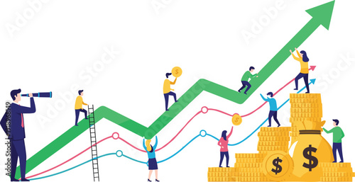 Business growth concept with team climbing arrow and stacking coins isolated on white background financial success vector illustration