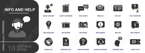 Info and help icon set. Containing support headset, agent, FAQ list, help question, info bubble, email, phone call, ticket chat, alert clipboard and more. Solid fill vector icons.