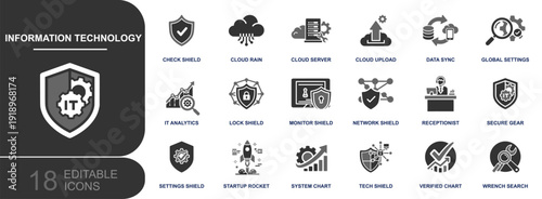 Information technology icon set. Containing cloud server, upload, data sync, global settings, IT analytics, network shield, monitor security, lock shield and more. Solid fill vector icons collection.