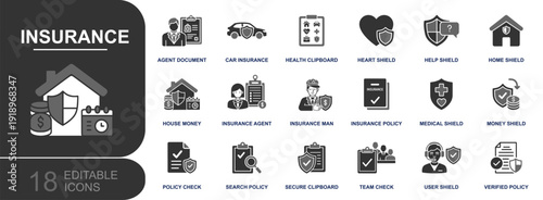 Insurance icon set. Containing car insurance, health coverage, home shield, policy document, insurance agent, money shield, medical protection, verified policy, claim check and more. Solid fill icons.