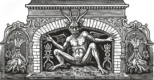 Vintage engraving of a demon crouching inside an ornate fireplace with gothic decorative elements