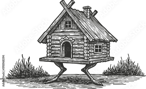 illustration of a fairy tale wooden hut on chicken legs with rustic details and surrounding bushes
