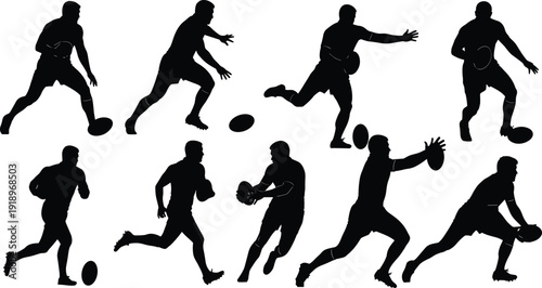 Rugby player silhouettes in action poses isolated on white background sport competition vector illustration set