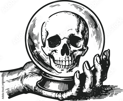 Human skull inside crystal ball held by a skeletal hand, vintage dark mystic illustration