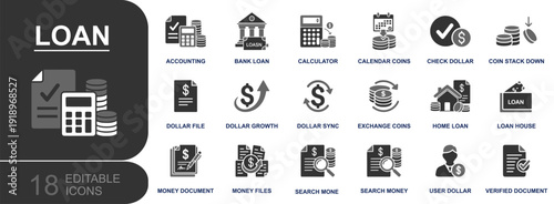 Loan icon set. Containing accounting, bank loan, calculator, calendar coins, dollar growth, exchange, home loan, money document, verified file and more. Solid fill vector icons collection.