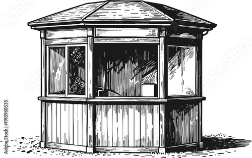 Wooden kiosk booth with windows and pitched roof, rustic outdoor sales or information stand