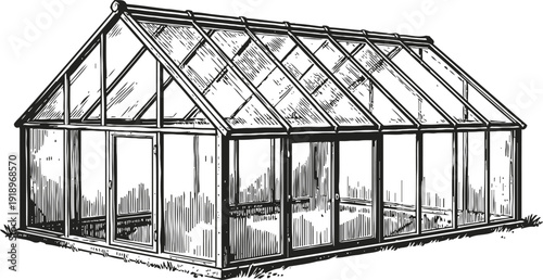 Hand drawn greenhouse illustration with glass walls and roof, garden structure for plants and cultivation