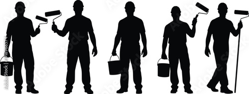 Painter worker silhouettes with paint roller and bucket isolated on white background construction renovation concept vector illustration set